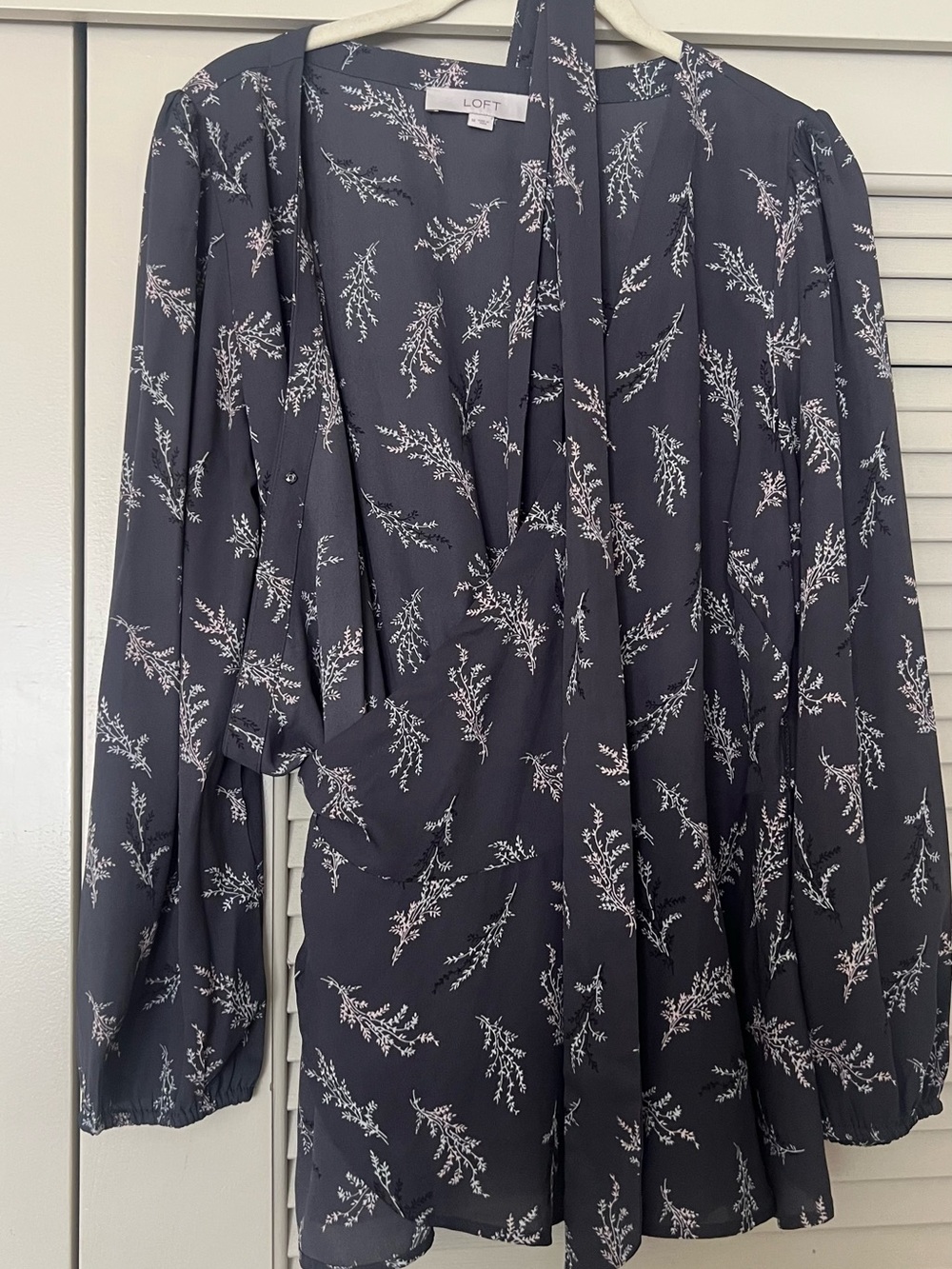 LOFT Charcoal Floral Tie-Neck Blouse